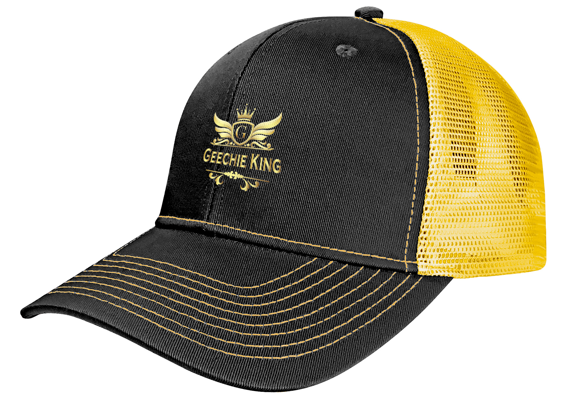 Hats with Geechie king logo and golden back panel